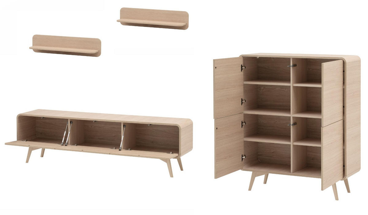WOHNWAND Eiche natur 4-teilig 308 cm, Wohnkombination mit Push-to-Open - Eichefarben, Holz/Holzwerkstoff (308/170/39cm) - Furn.Design