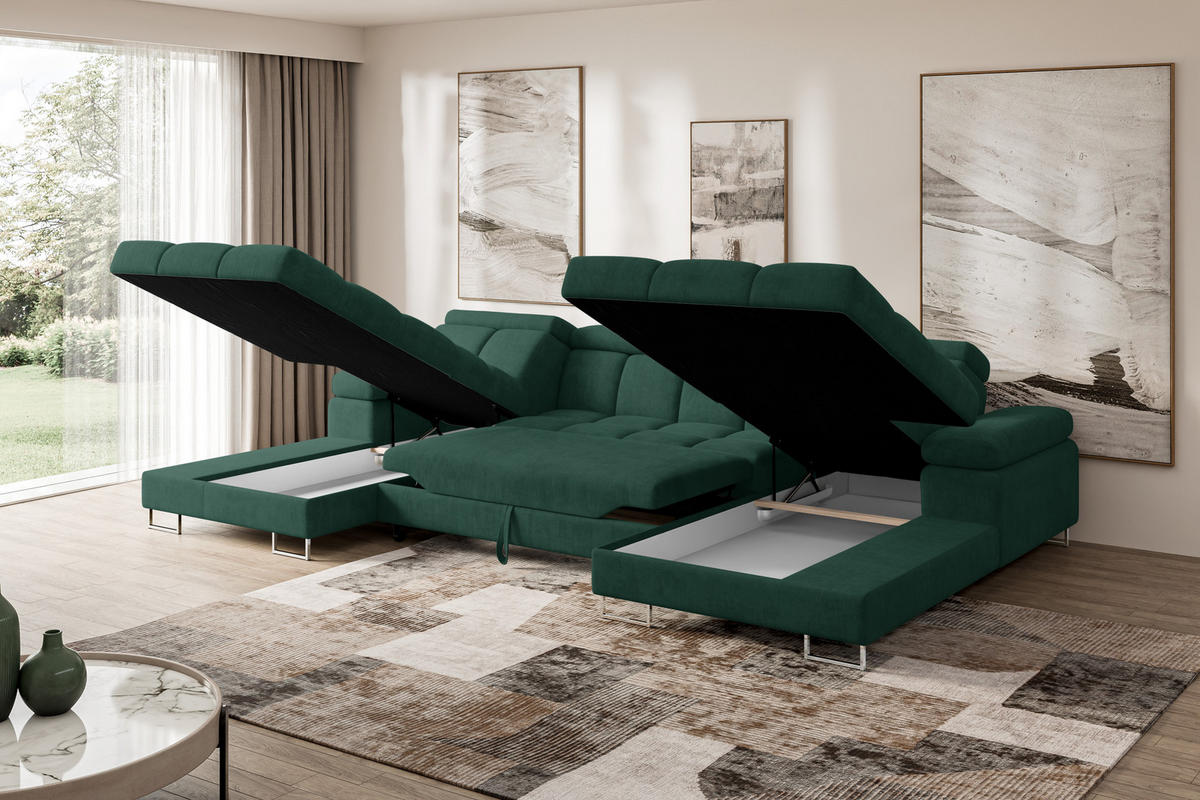 WOHNLANDSCHAFT mit Schlaffunktion und Bettkasten COMA U2 345x203x79 Grün Velours - Grün, Holzwerkstoff/Textil (345/79/203cm) - ALTDECOR