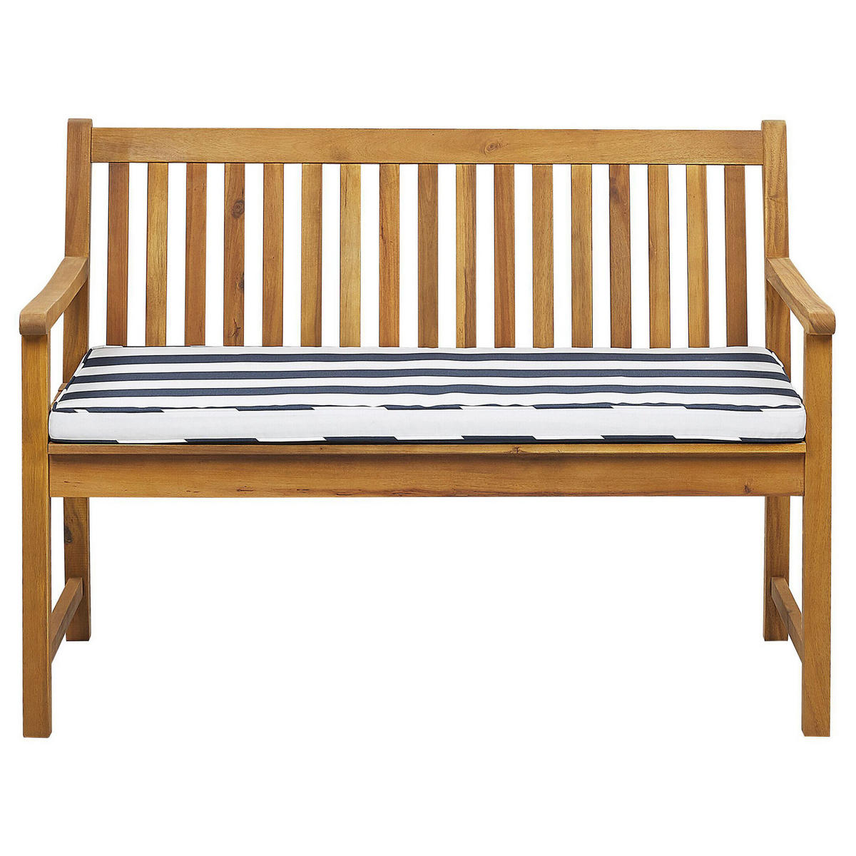 GARTENBANK zertifiziertes Holz hellbraun Auflage blau gestreift 120 cm Vivara - Hellbraun/Blau, Holz (120/88/61cm) - Beliani