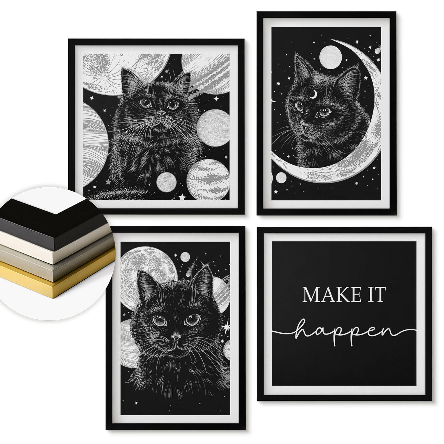 WANDBILDER 4er-Set - 50x50 cm & 40x60 cm Schwarzer Rahmen - Schwarze Katzen, Mond, Planet - Schwarz, Kunststoff (50/50cm) - ArtPrintCave