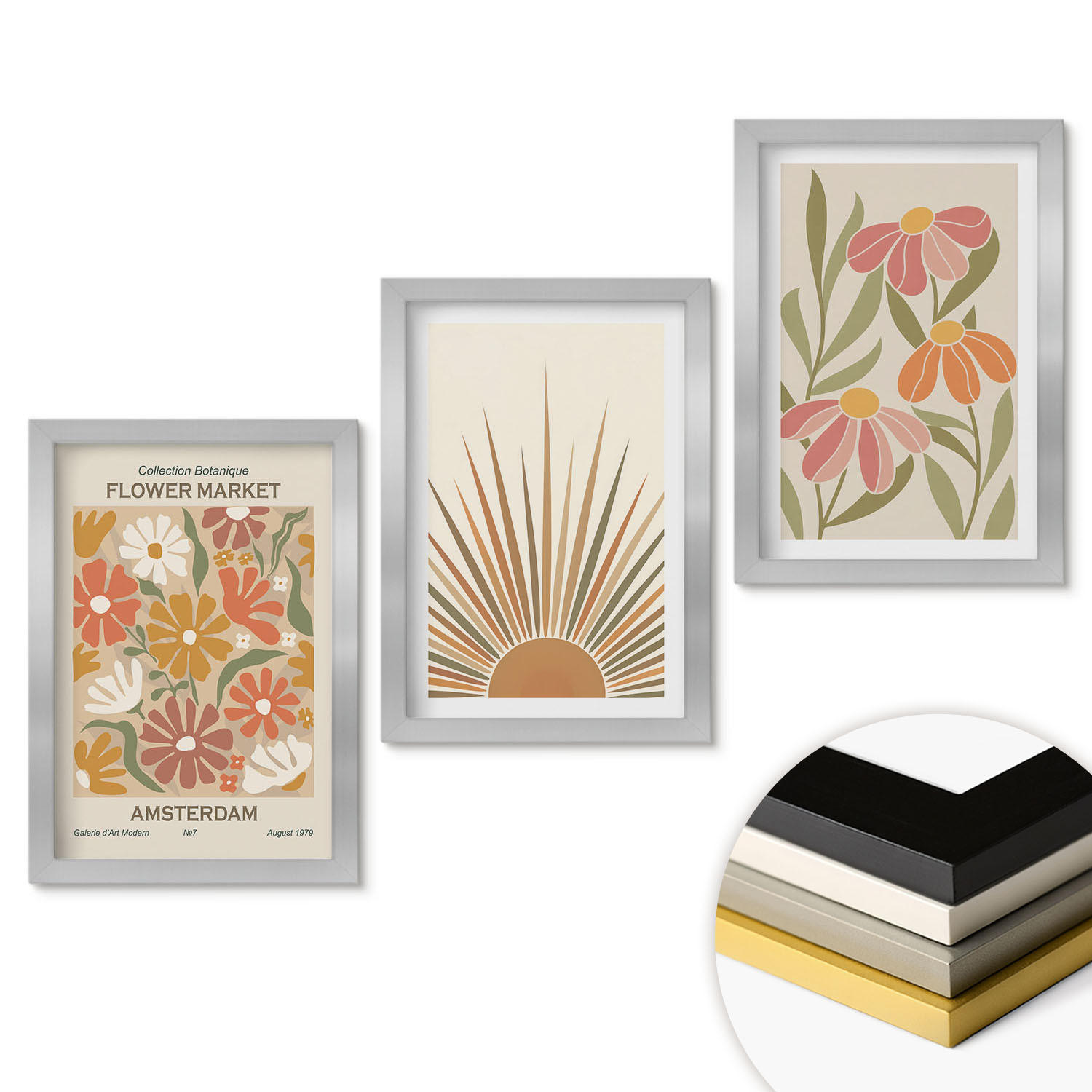 WANDBILDER 3er Set - 20x30 cm Silberner Rahmen - Pastellfarbene Sonnenblumen - Silberfarben, Kunststoff (20/30cm) - ArtPrintCave