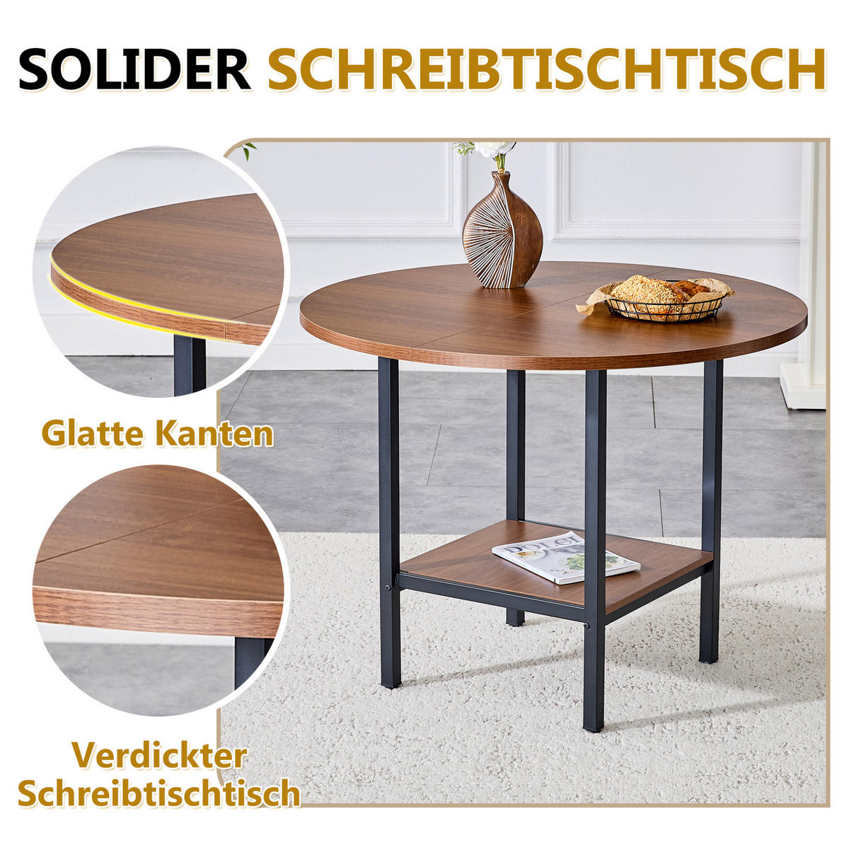 ESSTISCH aus MDF und Metall 100x100x77 cm Walnussfarben mit Stauraumablage im runden Design - Walnussfarben, Holzwerkstoff (100/100/77cm) - Modfu