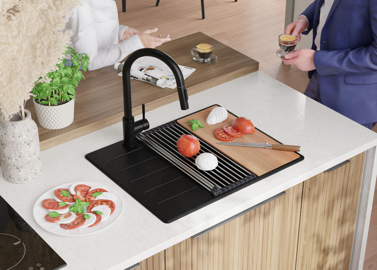 SPÜLBECKEN Kopenhagen, 2-er set Schwarz Metallic 62/50 cm 1 Becken + Ablauf-Set + Schneidebrett ab 50er Unterschrank - Chromfarben/Schwarz Hochglanz, Kunststoff (62/20/50cm) - Primagran