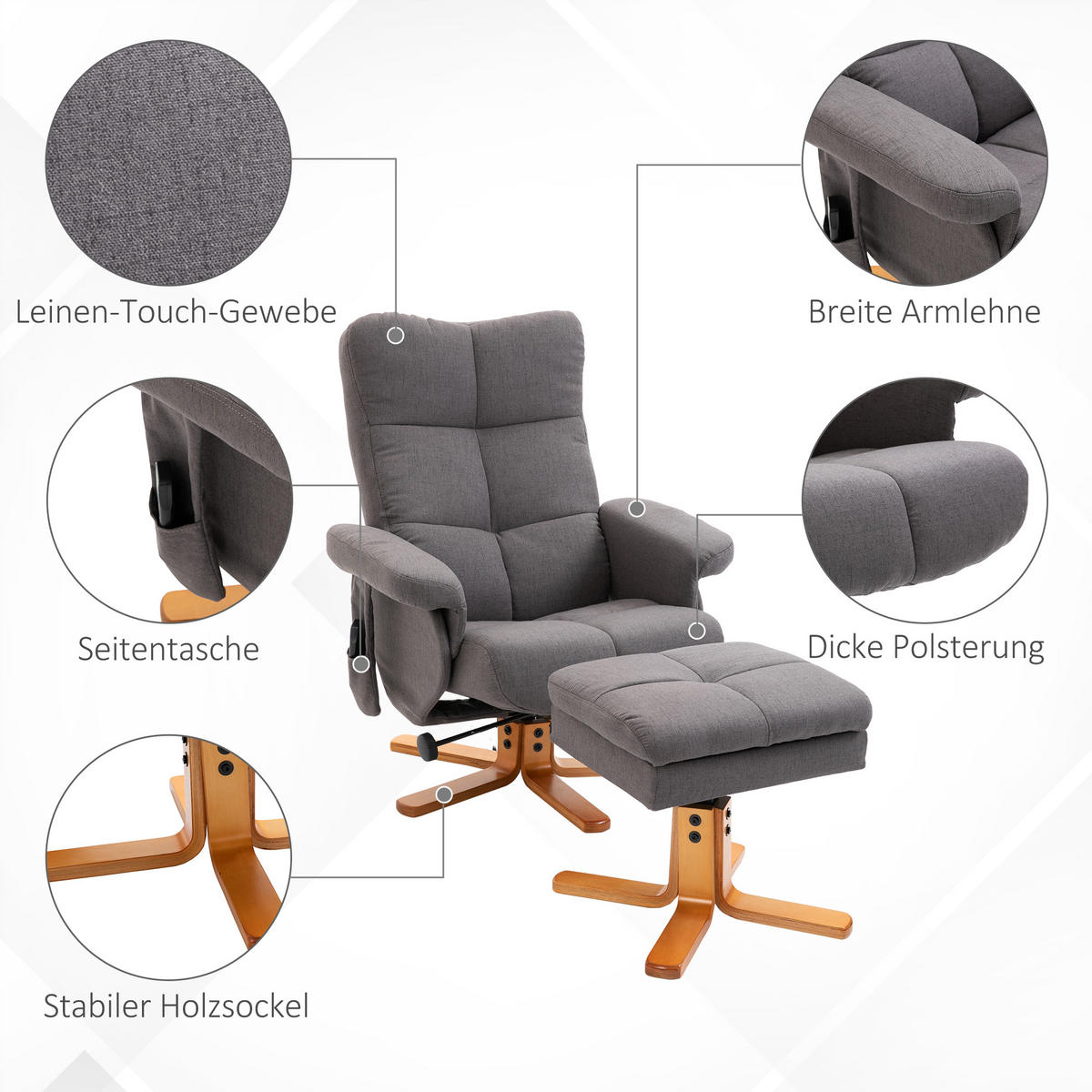 RELAXSESSEL Massagesessel mit Fußhocker Liegefunktion Polyester Dunkelgrau - Dunkelgrau, Holz/Textil (86/99/80cm) - HOMCOM