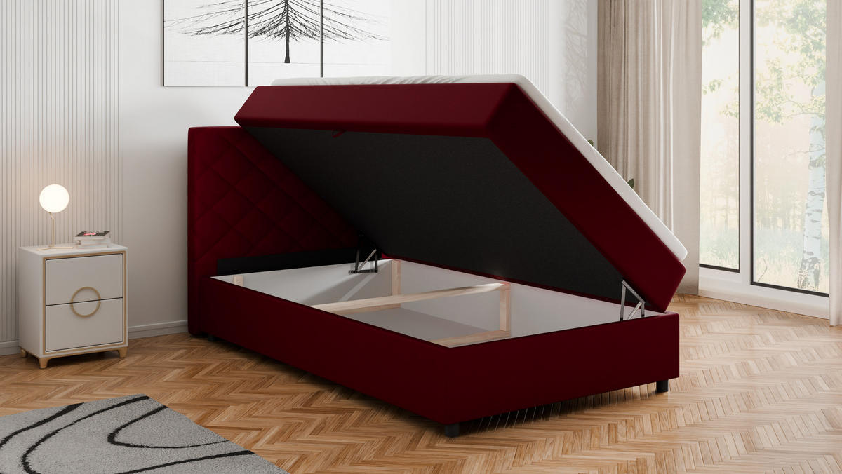 BOXBETT Diamaro 120x200 cm mit Bettkasten und Topper - Rot - Rot, Holz (120/215cm) - Panda Möbel