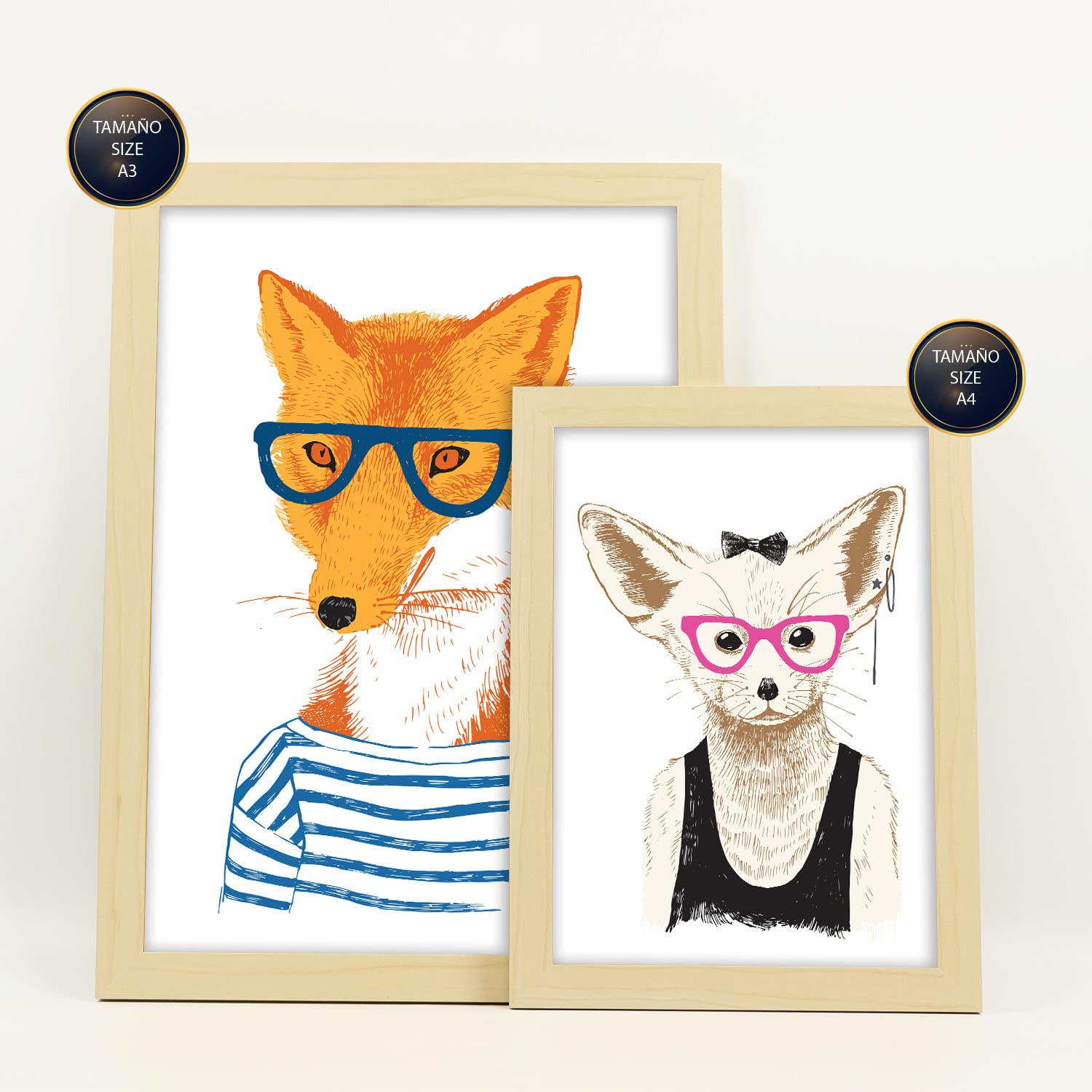 POSTER Set Mit 6 Hipster Tiere Im Farbenfrohen Handgezeichneten Weißer Hintergrunddruck Mit Tieren In Menschlicher A3 & A4 Rahmen Aus Hellem Holz - Beige, Papier (29/3cm) - Nacnic