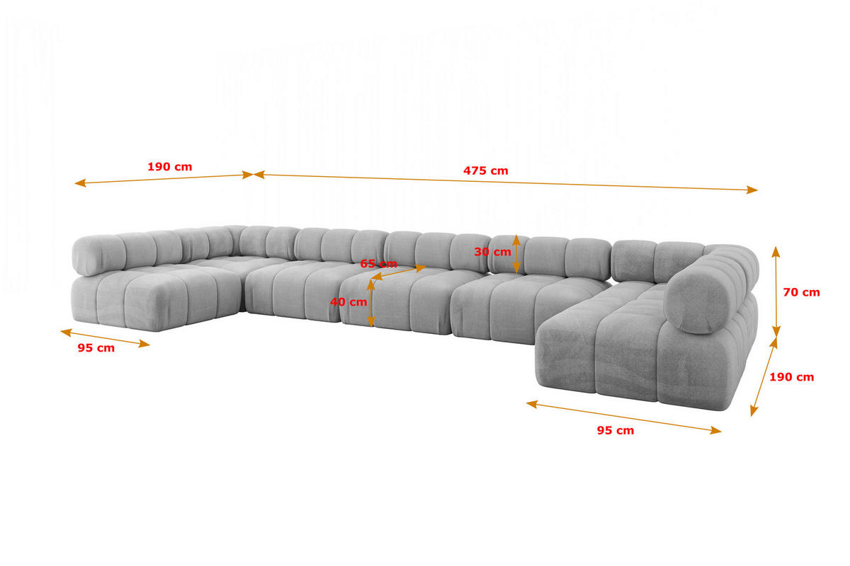 WOHNLANDSCHAFT modulares Sofa Garvo-U3 - 475x190x70 cm Hellgrau Velours - Hellgrau, Holzwerkstoff/Textil (475/70/190cm) - ALTDECOR