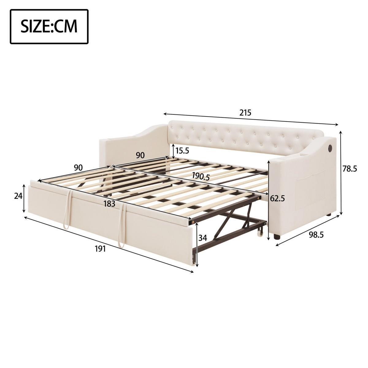 BETT 90/190 cm ausziehbar auf 180/190 cm mit USB und Lattenrost - Beige, Textil (90/180cm) - BEAOK