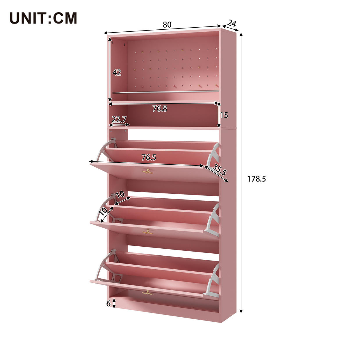 SCHUHSCHRANK 80x24x178.5cm Rosa mit 3 Klappen - Pink, Holzwerkstoff (80/178.5/24cm) - FLIEKS