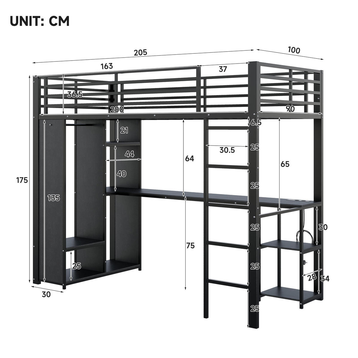 HOCHBETT 90/200 cm mit Schreibtisch und LED, DE-41973, in Schwarz - Schwarz, Metall (90/200cm) - ComfortXL