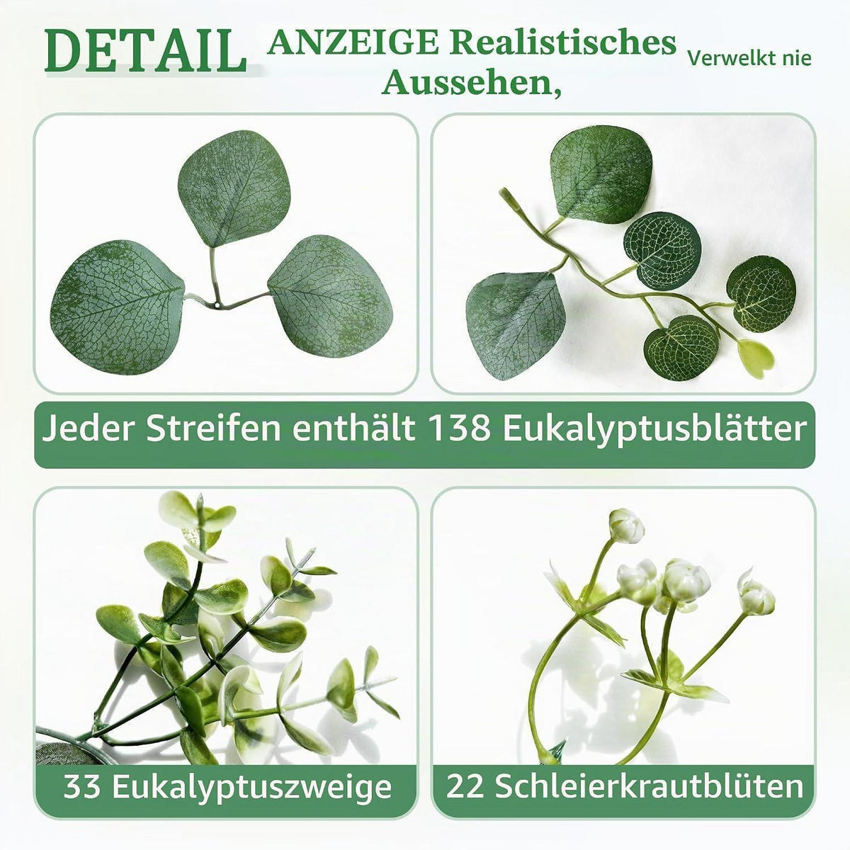 GIRLANDE Eukalyptus 4-teiliges Set 1,8 m Grün mit Weißen Blüten - Grün, Kunststoff (1cm)