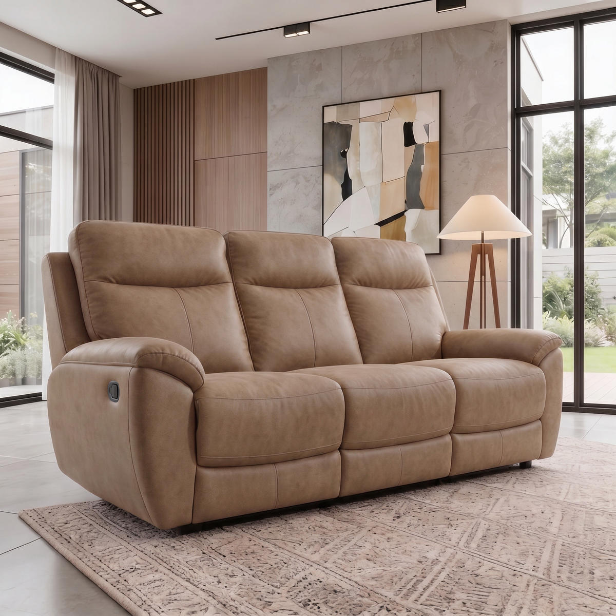 SITZGARNITUR Dolce, Sofa+Sessel mit Relaxfunktion, Sandfarben, Velours - Braun, Textil (215/106/100cm) - Beautysofa