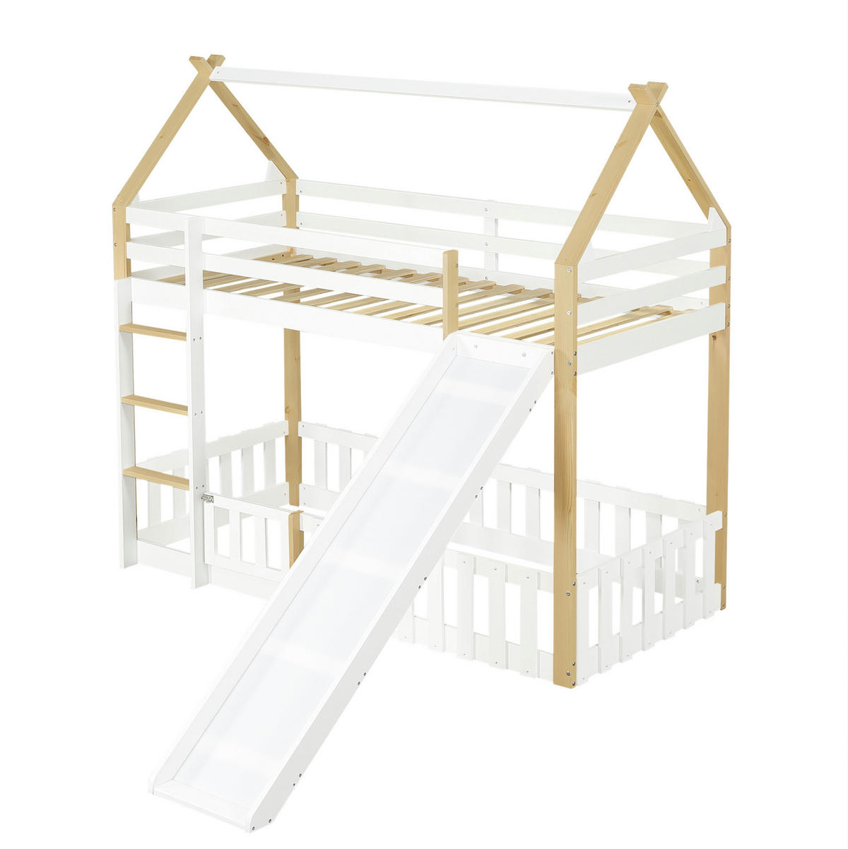 VÝŠKOVÁ posteľ 90/200 cm biela/prírodná so šmykľavkou a strešnou konštrukciou z masívneho dreva a MDF - biela, kompozitné drevo (90/200cm) - OKWISH