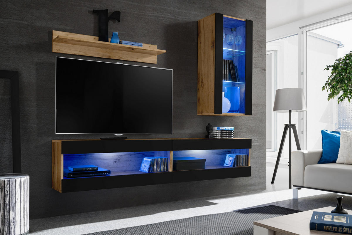 4-ER Set, Wohnwand TIVOLI SET5+BLU Offener Raum Wotan + Schwarz - Schwarz/Weiß, Glas/Holzwerkstoff (240/195/35cm) - Komodee