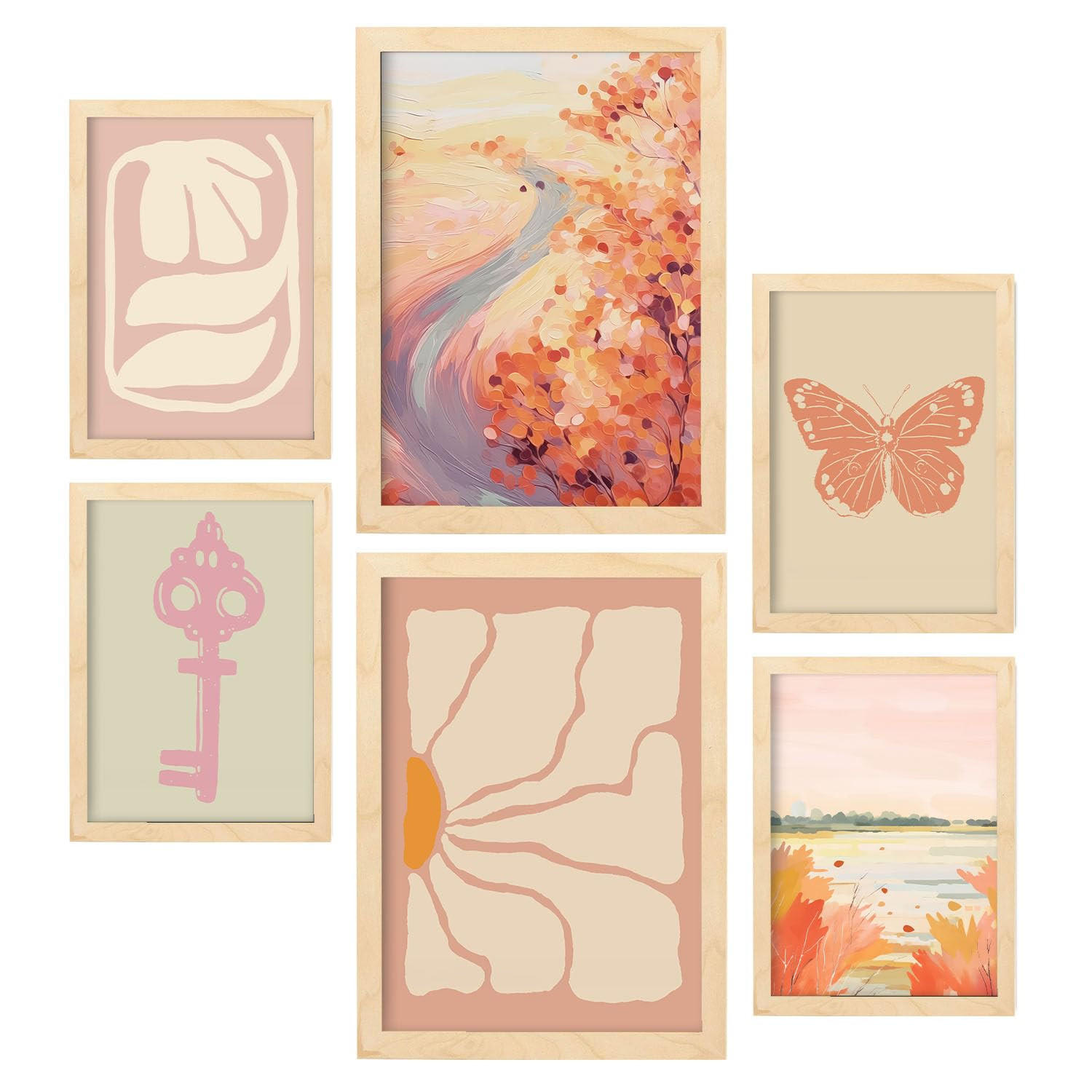 POSTER Set Mit 6 Orangefarbene Wiesen A3 & A4 Rahmen Aus Hellem Holz - Beige, Papier (29/3cm) - Nacnic