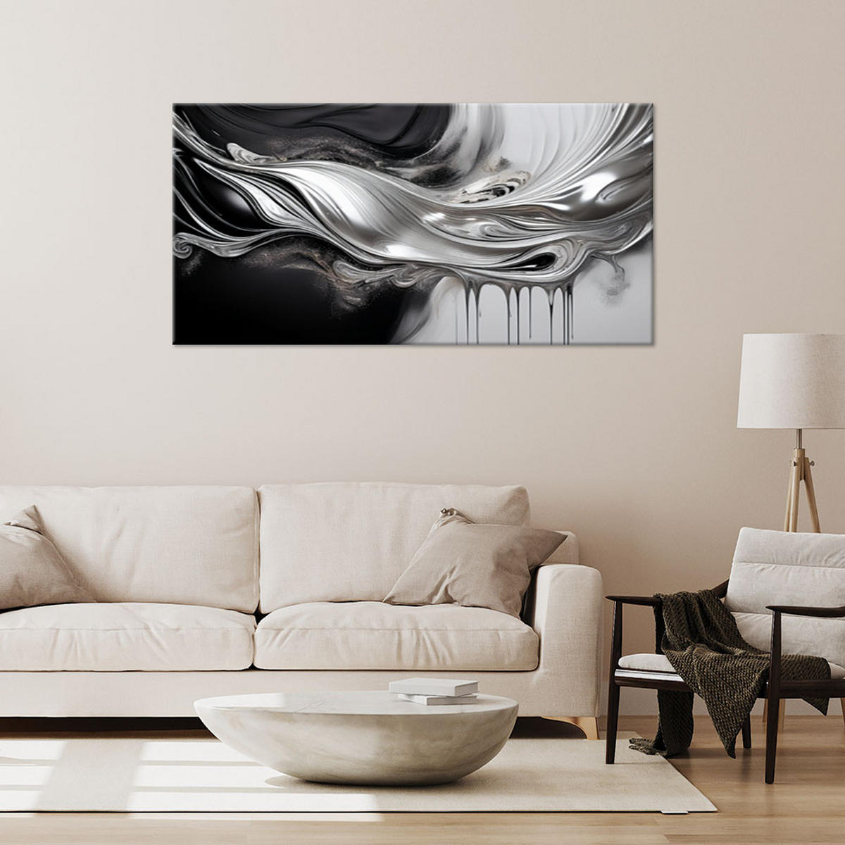 LEINWANDBILD Schwarze und silberne 3D-Abstraktion 100x50cm - Schwarz, Textil (100/50cm) - Feeby