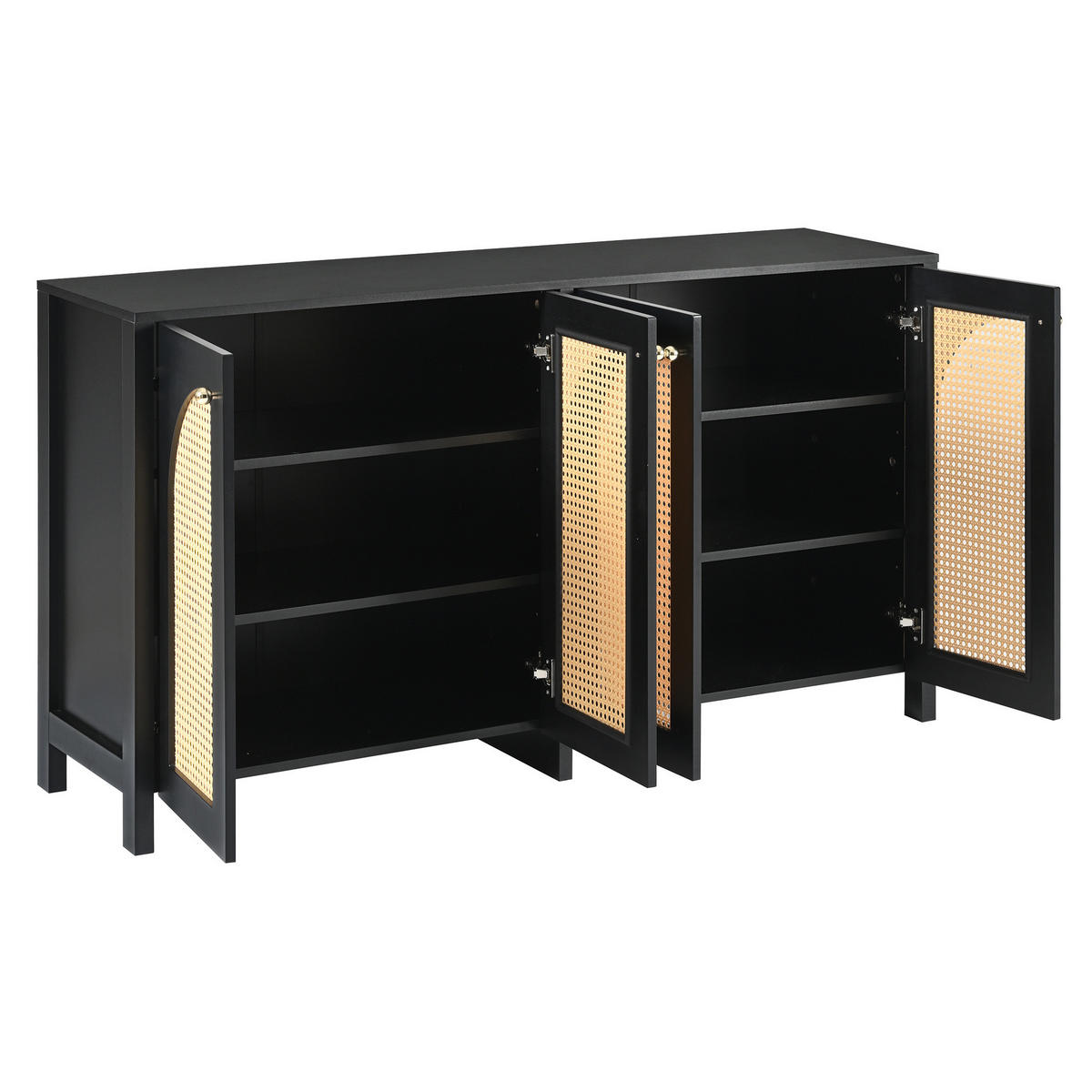 SIDEBOARD in Schwarz mit 4 Rattantüren und verstellbarem Regal,145/40/80 cm - Schwarz, Holzwerkstoff (145/40/80cm) - Flora Grace