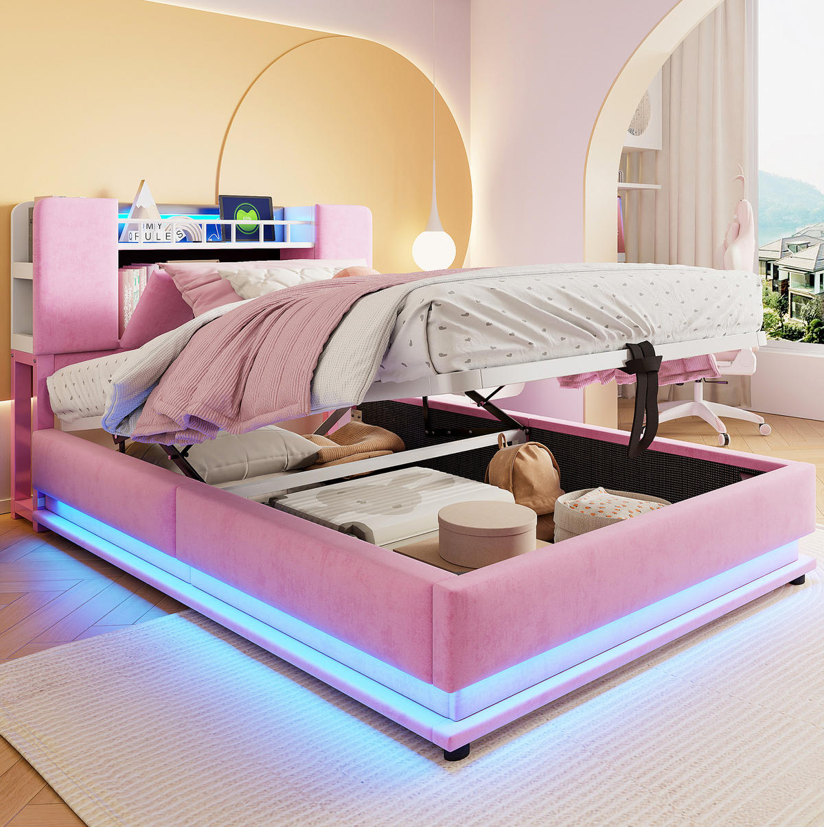 POLSTERBETT 90/200 cm Rosa mit LED-Beleuchtung, USB-Anschluss und Stauraum - Rosa, Textil (90/200cm) - Flora Grace