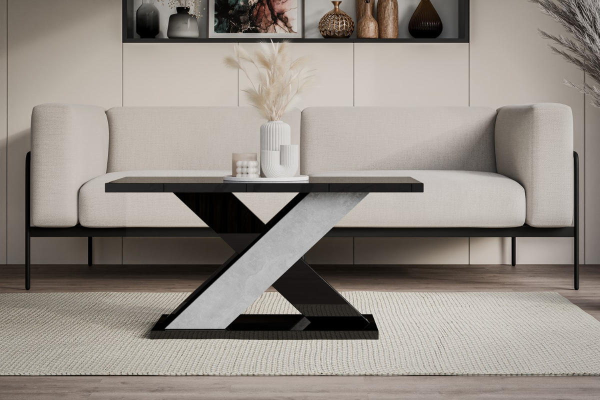 KAFFEETISCH 110x70x60 cm - Hochglanz Schwarz / Betonoptik - AOX - Schwarz Hochglanz, Holzwerkstoff (110/70/60cm) - ALTDECOR