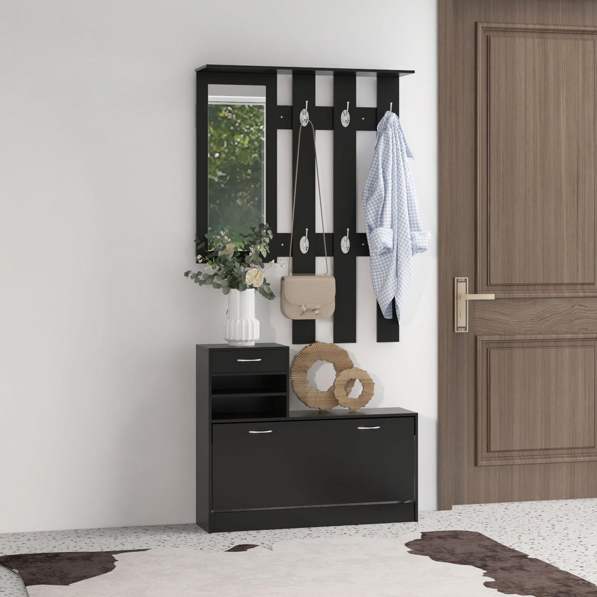 GARDEROBE DE-16743 3-in-1 mit Spiegel & Schuhbank Schwarz - Schwarz, Holzwerkstoff (10/91/90cm) - ComfortXL