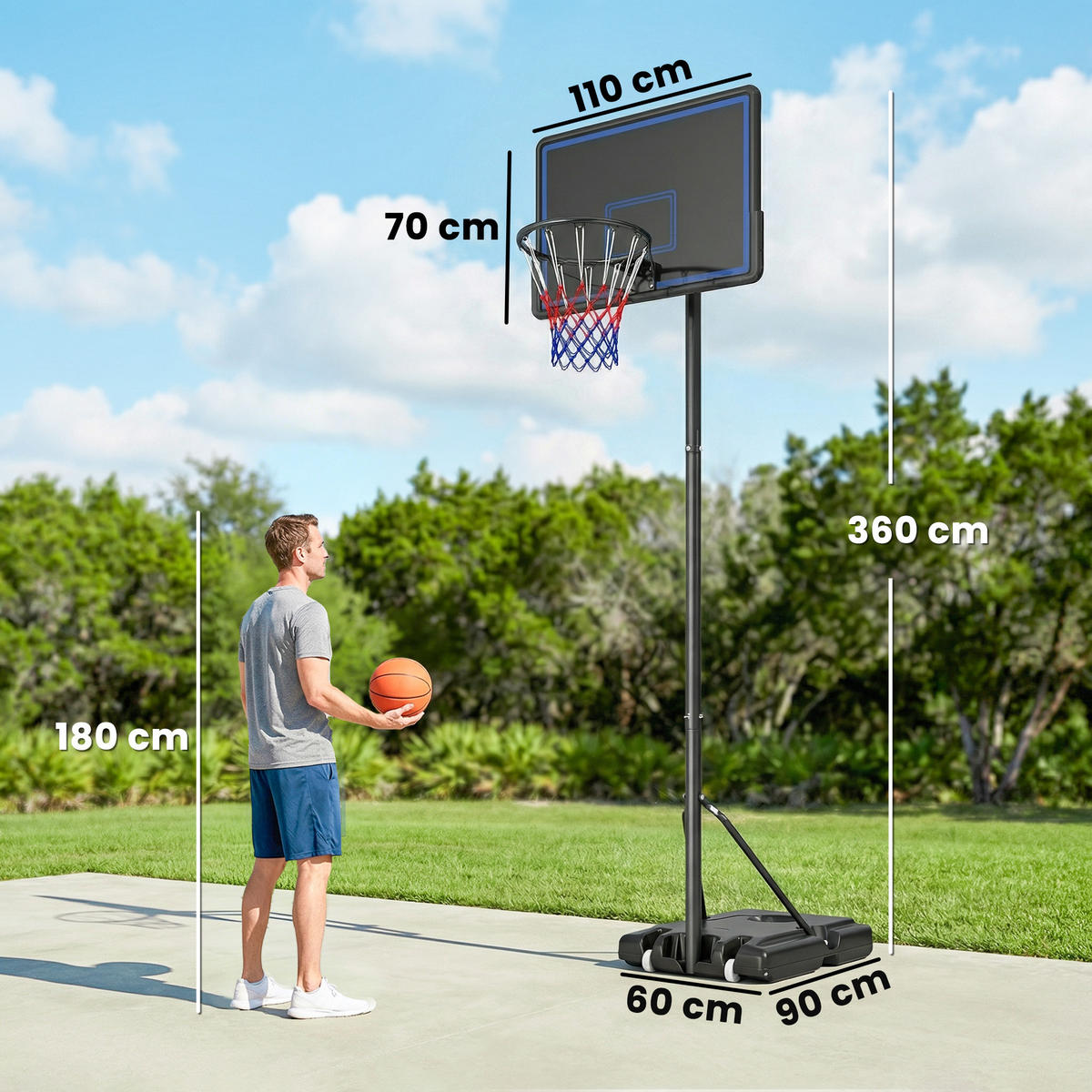 BASKETBALLKORB DE-18526 höhenverstellbar 1,35-3,05 m Blau - Schwarz, Metall (90/120cm) - ComfortXL