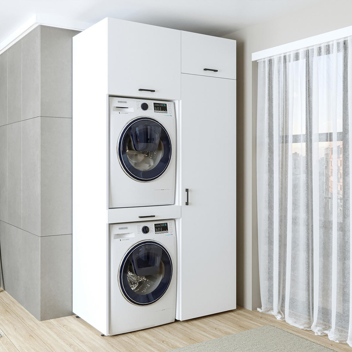 WASCHMASCHINENSCHRANK DUO-I 127cm Breit, 240cm Hoch - Weiß, Holzwerkstoff (127/240/67cm)