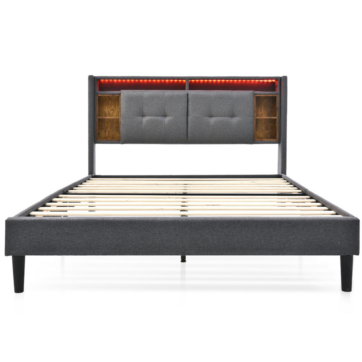 POLSTERBETT 160/200 cm grau aus Massivholz mit Stauraum-Kopfteil, USB und LED - Grau, Holzwerkstoff (160/200cm) - OKWISH