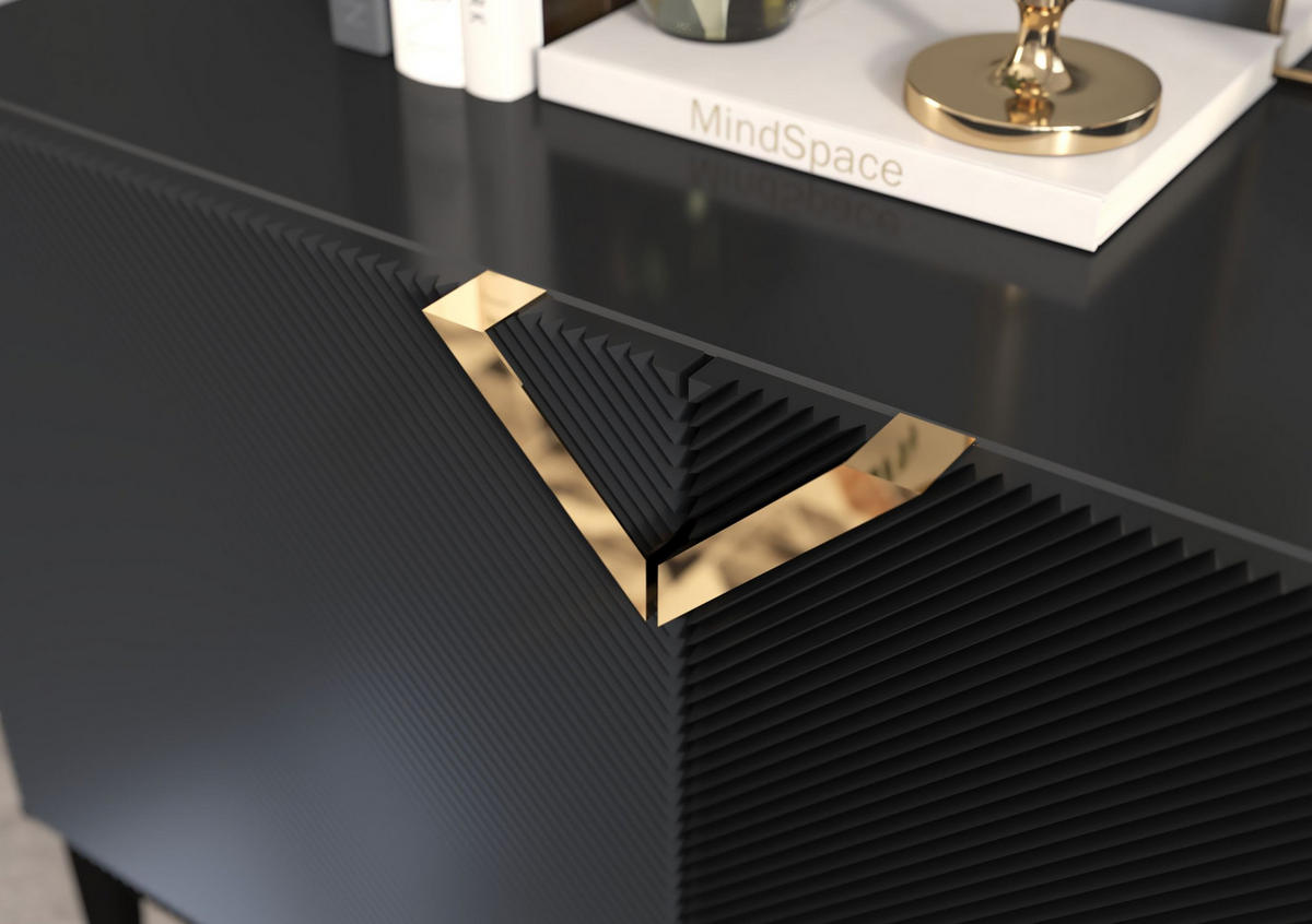 SIDEBOARD Demi 2D Long, Schwarz-Gold, Mit Gefrästen Fronten, Massive Buche - Schwarz, Holz/Holzwerkstoff (100.5/70/42cm) - Visby