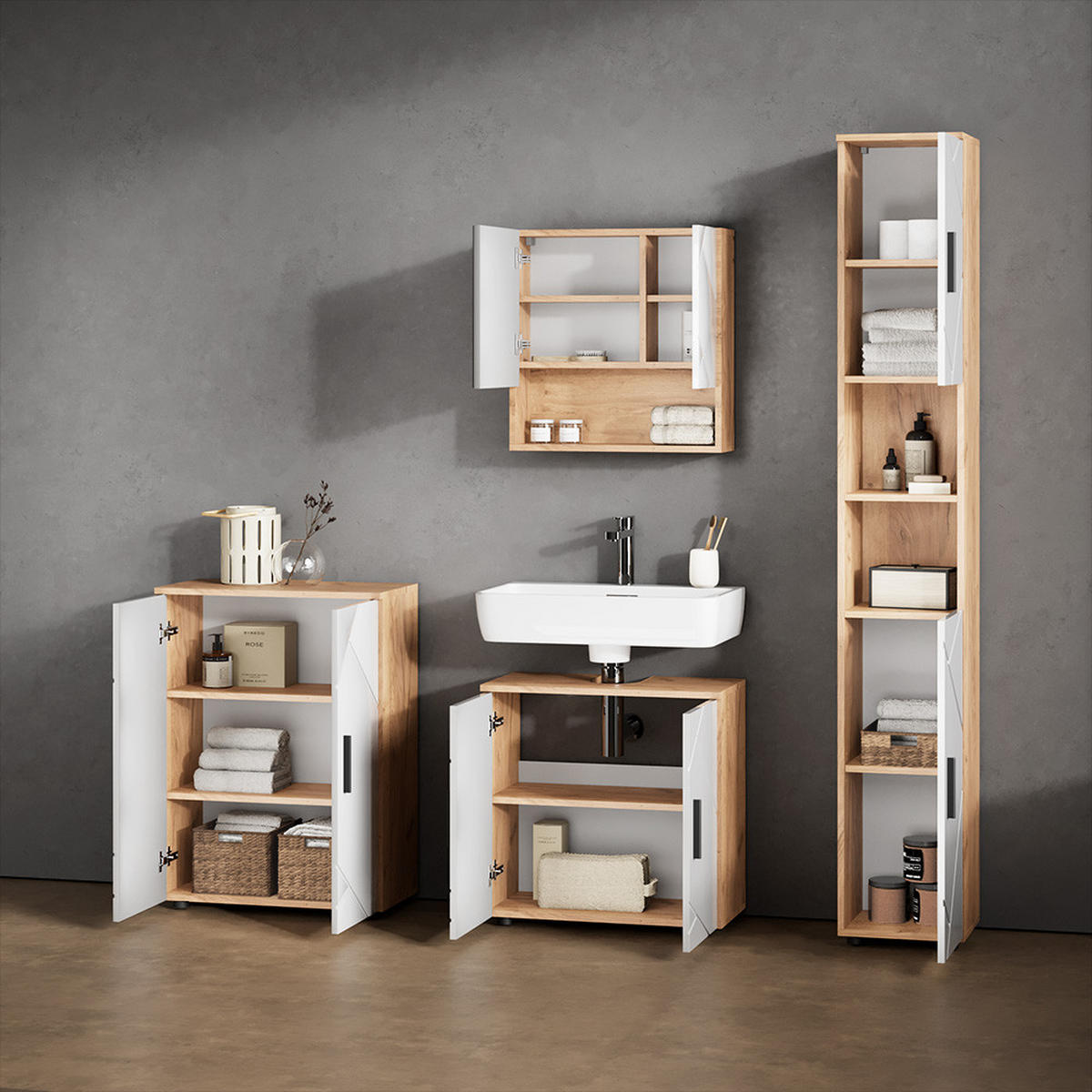 BADMÖBEL-SET Ronco Weiß Hochglanz/Goldkraft Eiche 4 Teile, mit Hochschrank und Kommode - Honigeiche/Weiß Hochglanz, Holzwerkstoff (60/59/30cm) - Livinity®
