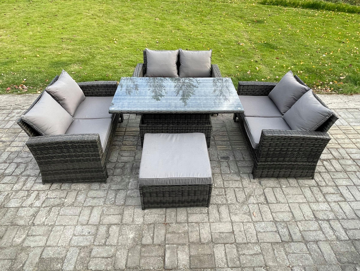 GARTENMÖBEL SITZGRUPPE MIT HÖHENVERSTELLBAREN ESSTISCH DOPPELSITZ-SOFA HOCKER Polyrattan Dunkelgrau Gemischt 7-Sitzer - Dunkelgrau, Metall - Fimous