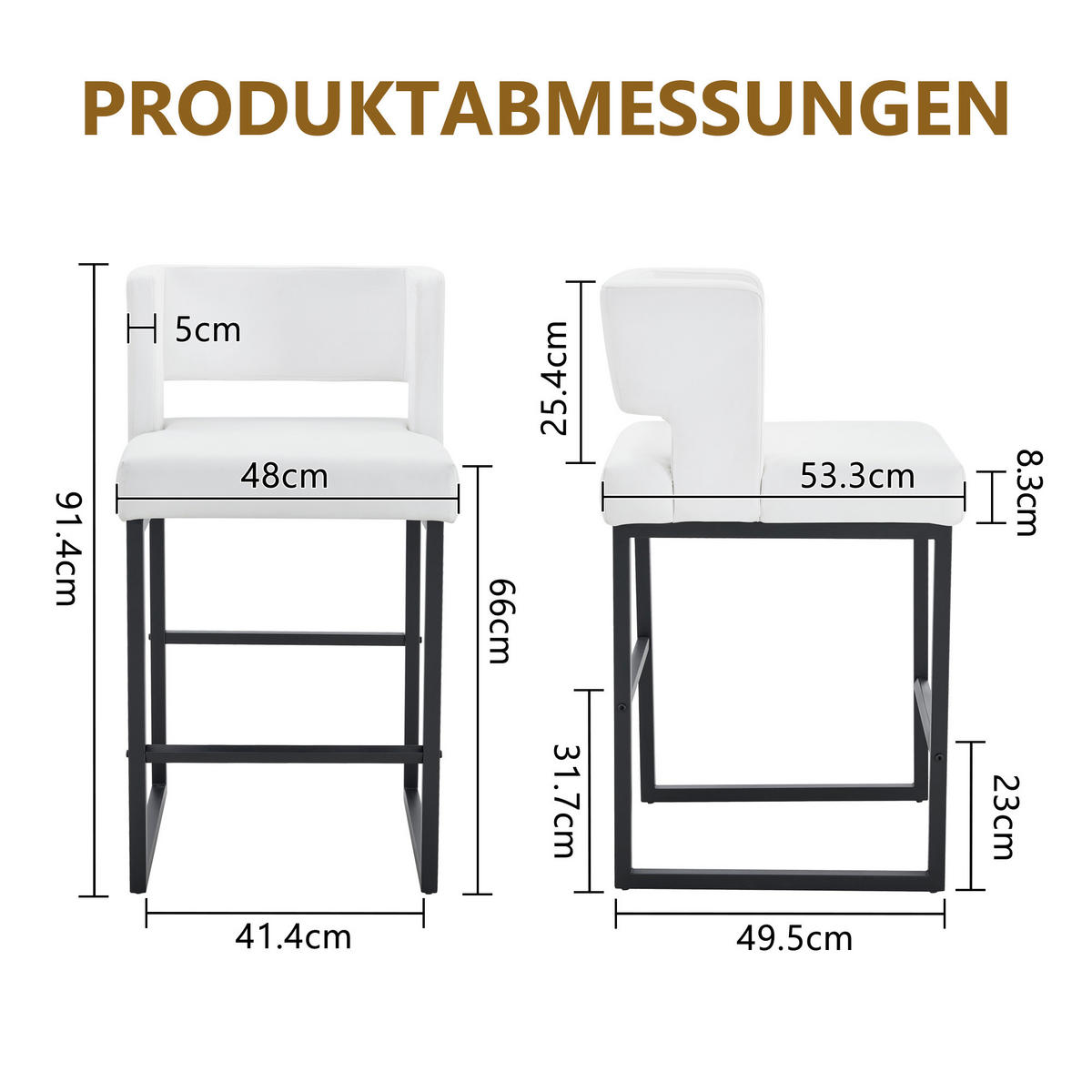 BARHOCKER 2er-Set Weiß mit PU-Leder und schwarzen Metallbeinen - Weiß, Metall (48/91.4/53.3cm) - PANGIVO
