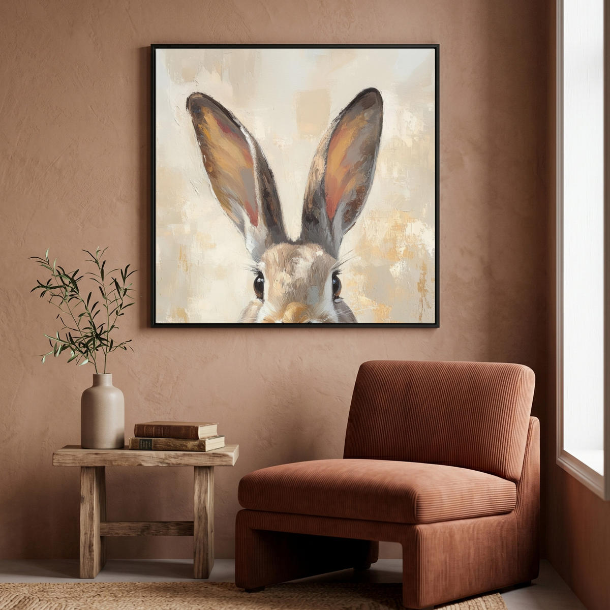 LEINWAND Bilder mit Rahmen - Hase - Ohren - Braun - 90x90 - Beige, Textil (90/90cm) - MuchoWow