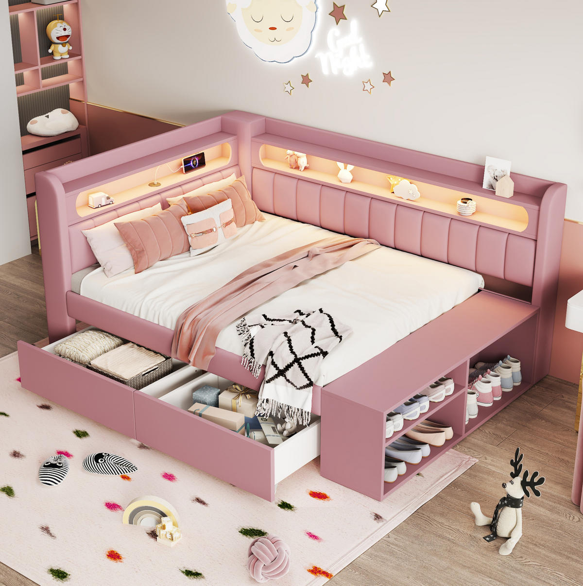 ČALÚNENÁ posteľ 90/200 cm ružová z MDF a preglejky s LED osvetlením USB a skrinkou na topánky - biela, kompozitné drevo (90/200cm) - OKWISH
