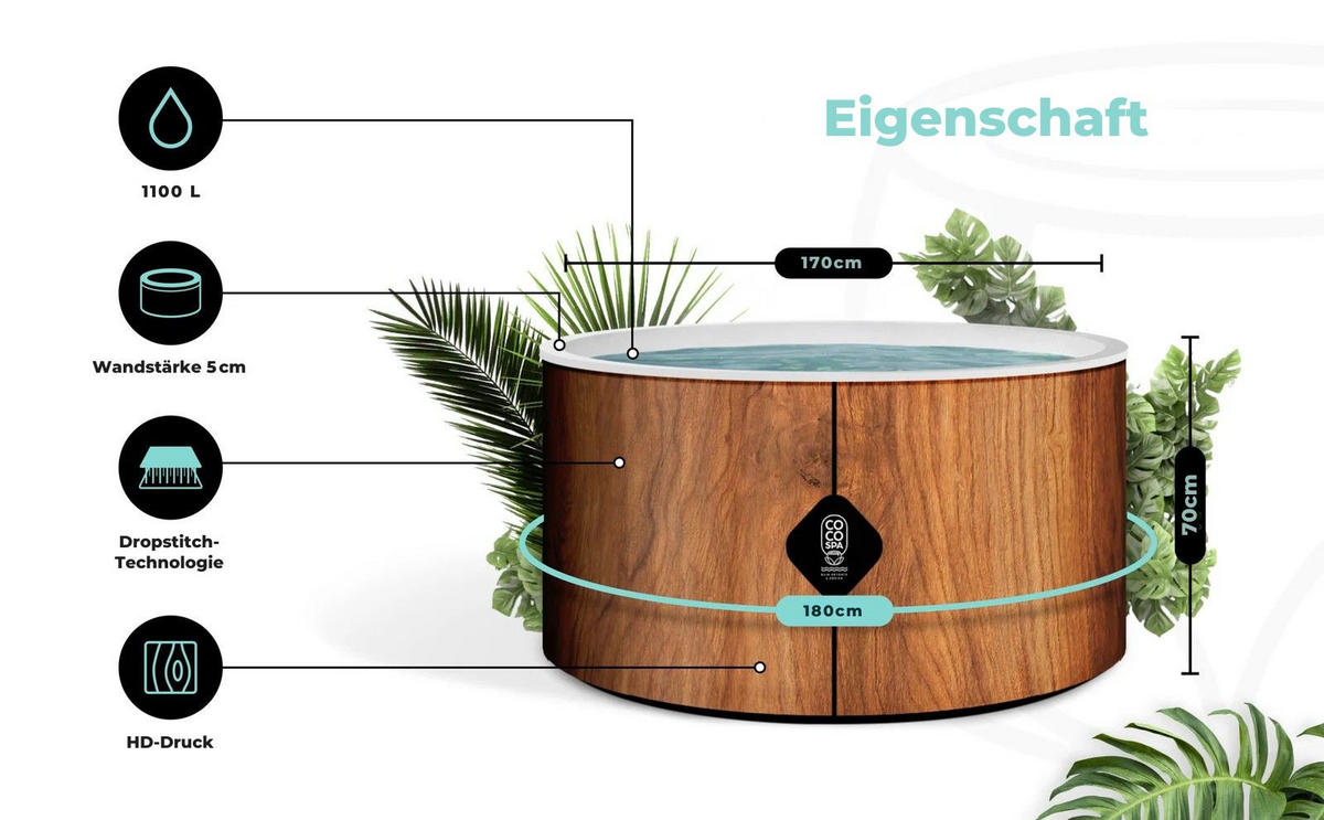 POOL Bora Bora – 180 cm Durchmesser – 1200 Liter – Holzoptik - Braun, Kunststoff (180/70/70cm) - COCO SPA