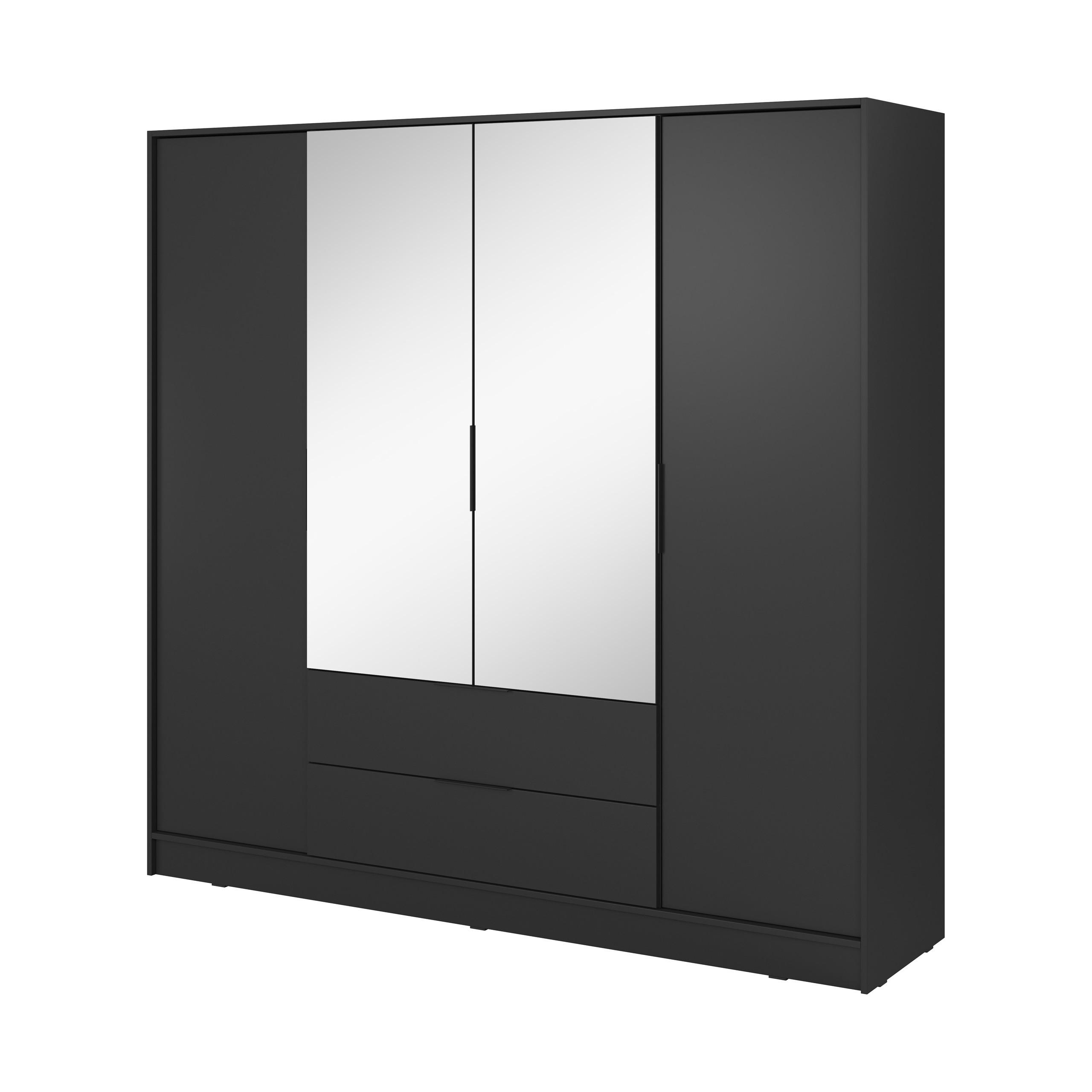 DREHTÜRENSCHRANK CATERINA 206/200/51 cm 4-türig mit Spiegel Schwarz - Schwarz, Holzwerkstoff (206/200/51cm) - MASSENO