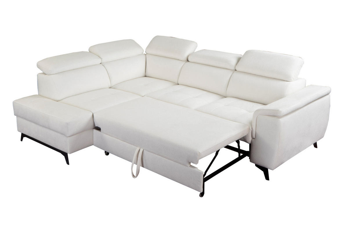 ECKSOFA VOLA Weiß Velours-Stoff mit Schlaffunktion - Weiß, Holz (270/199cm) - MASSENO