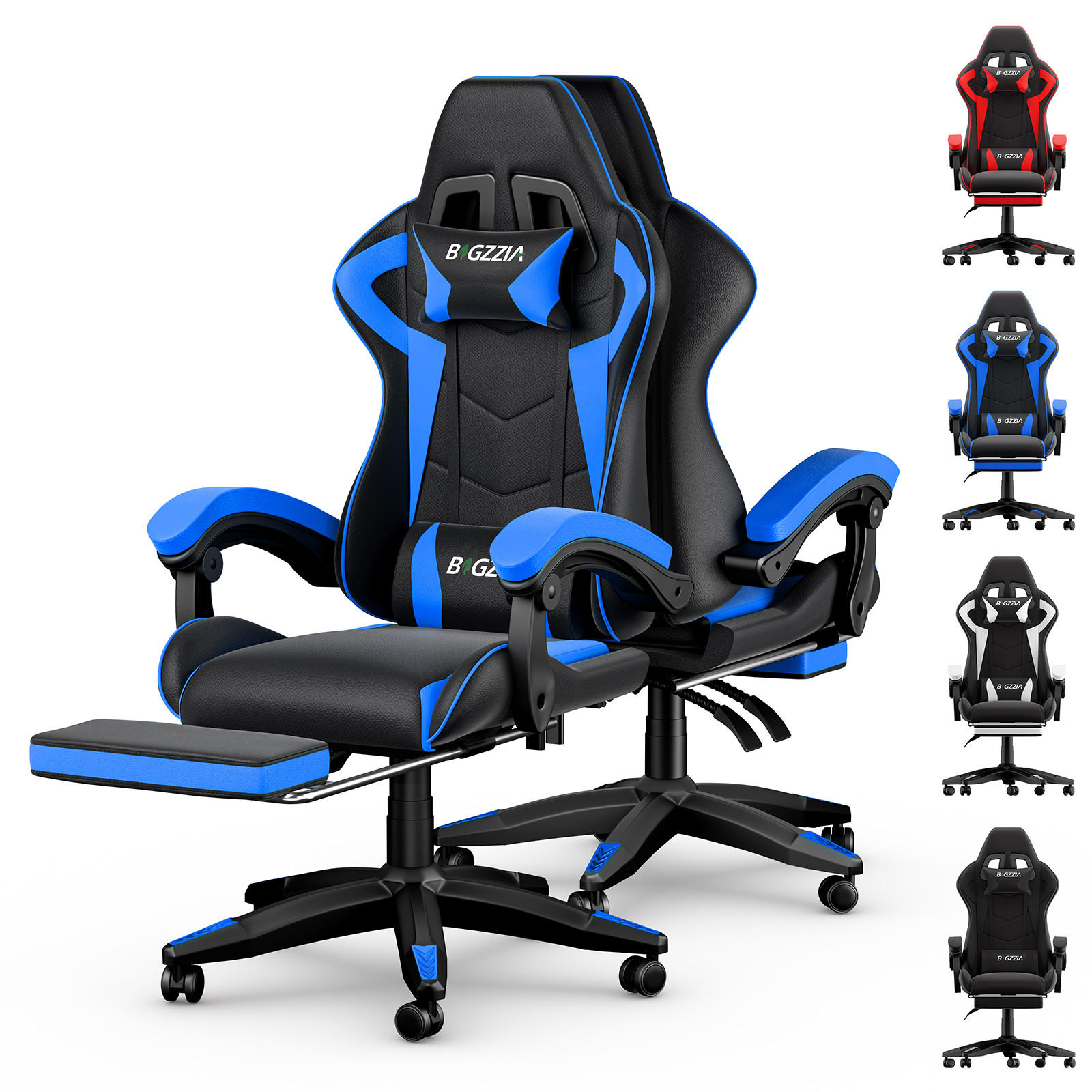 GAMINGSTUHL Schwarz-Blau Racing ergonomisch mit Fußstütze,Leder - Blau, Metall (29/59/79cm) - Rattrix
