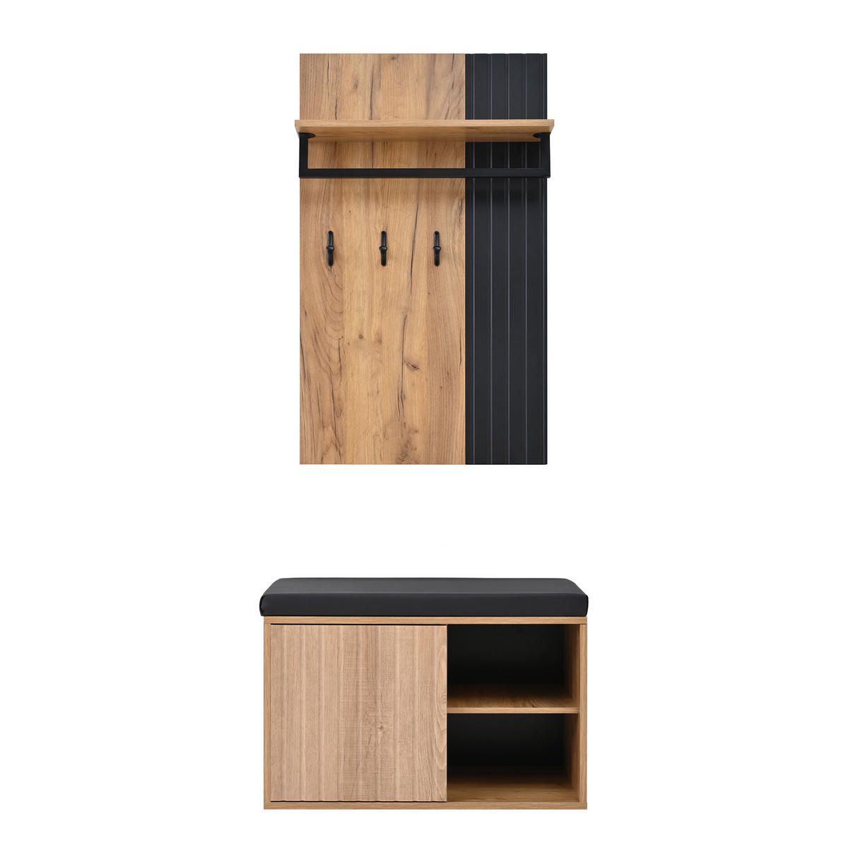 FLURSCHRANK mit Schuhbank 70 x 36 x 146 cm Spanplatte Schwarz/Natur - Schwarz, Holzwerkstoff (36/146/70cm) - Beauniv