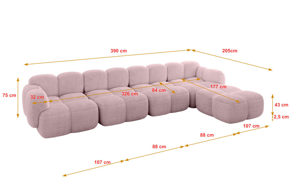 ECKSOFA modulares Sofa Rechts Miko-L3 390x205x75 Rosa Cord - Schwarz/Rosa, Holzwerkstoff/Kunststoff (390/205cm) - ALTDECOR