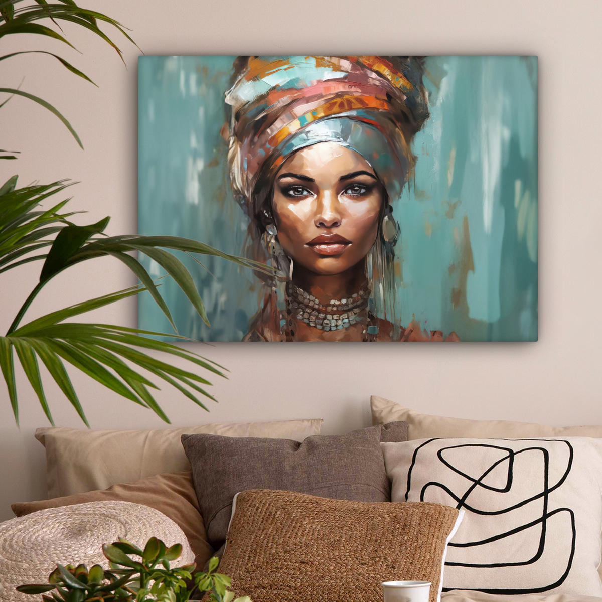 LEINWANDBILD Frau - Kunst - Schmuck - Porträt Wandbilder 80x60 cm - Blaugrau, Textil (80/60cm) - MuchoWow