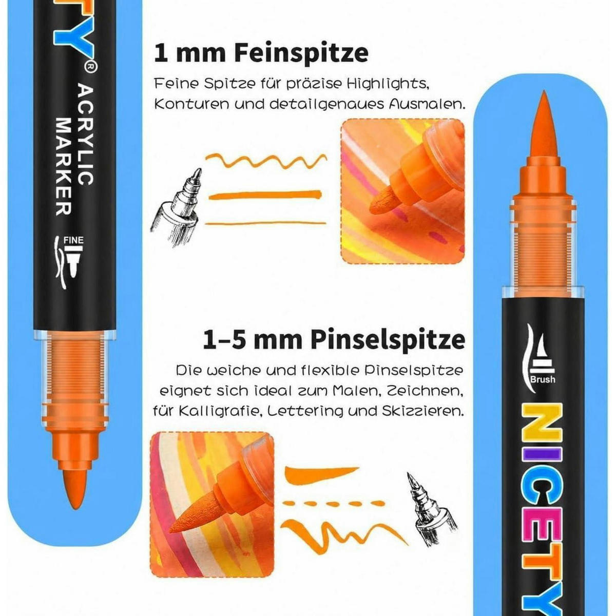 ACRYLSTIFTE Set 54 Farben Dual Tip Wasserfest - Multicolor, Kunststoff (1.1/1.1/15.5cm)