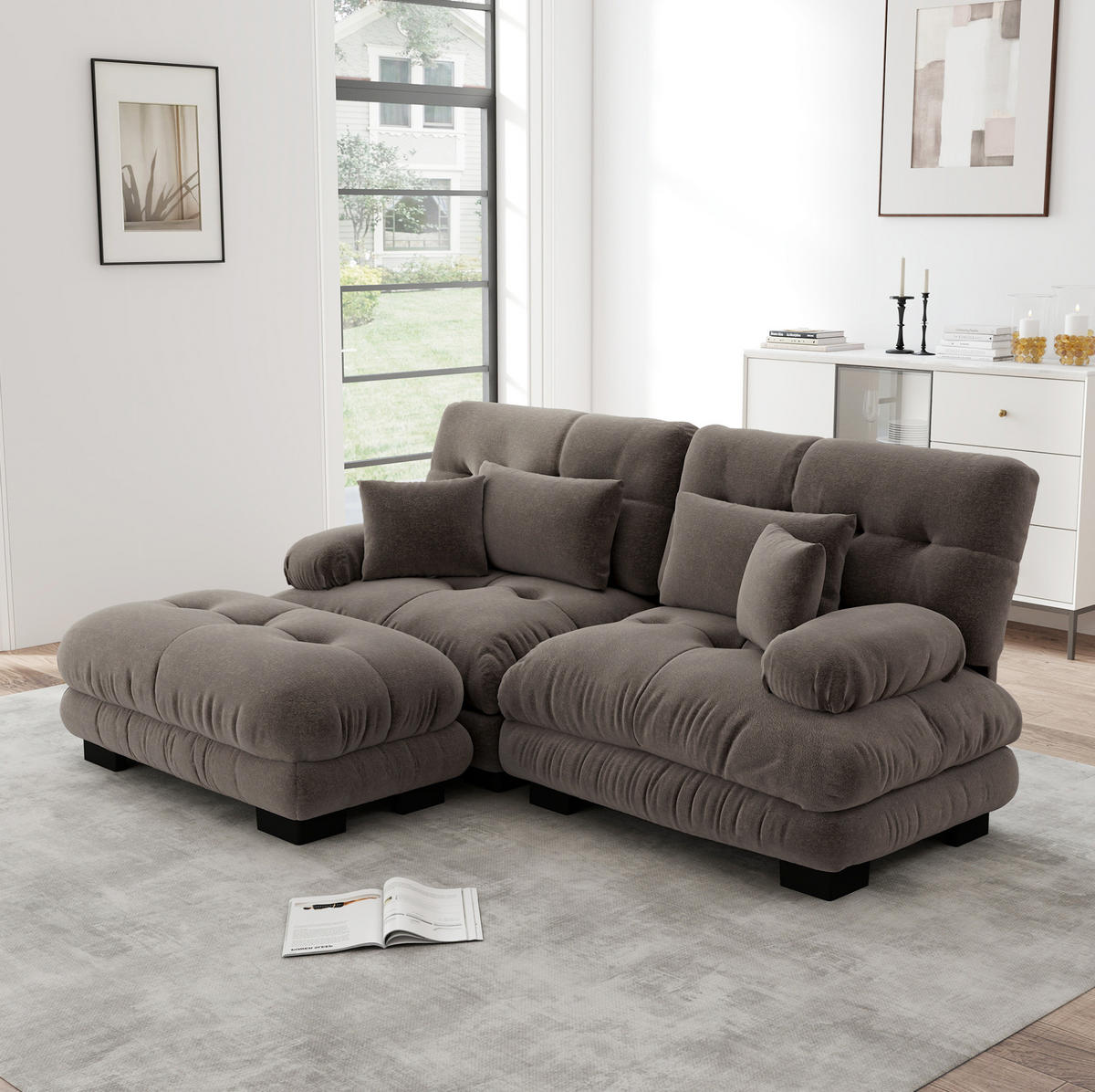 SOFA modular Chenille Brown mit Ottomane und Kissen - Dunkelgrau, Holzwerkstoff (145/220cm) - Meubliv