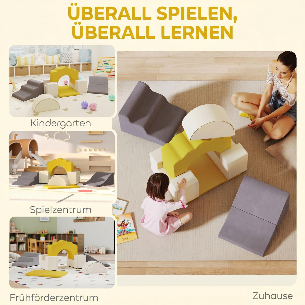 SOFTPLAY-SET 7er Set Samt PU-Schaumstoff Gelb - Gelb, Textil (40/50cm) - AIYAPLAY