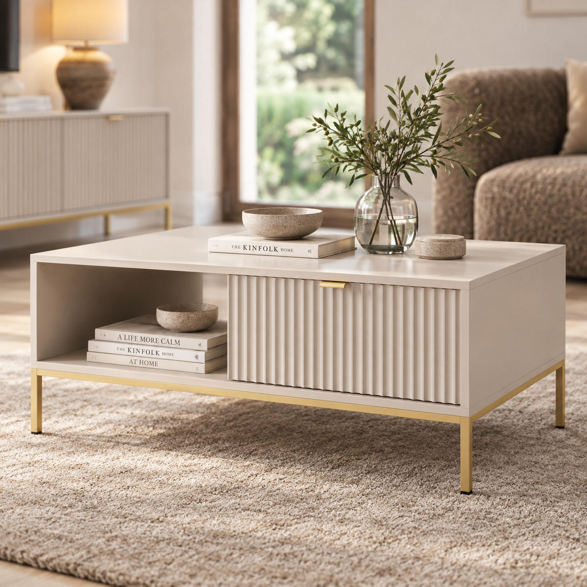 COUCHTISCH Kioto 104 cm in Kaschmir mit Schubladen und Metallbeinen - Kaschmir/Goldfarben, Holzwerkstoff/Metall (68/104/46cm) - Ravio