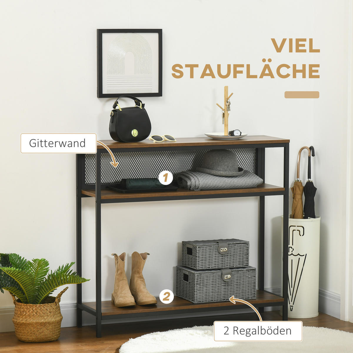 KONSOLENTISCH, Flurtisch mit 2 Regalen, Braun, 100 x 29,5 x 90 cm - Braun, Holzwerkstoff (29.5/100/90cm) - HOMCOM