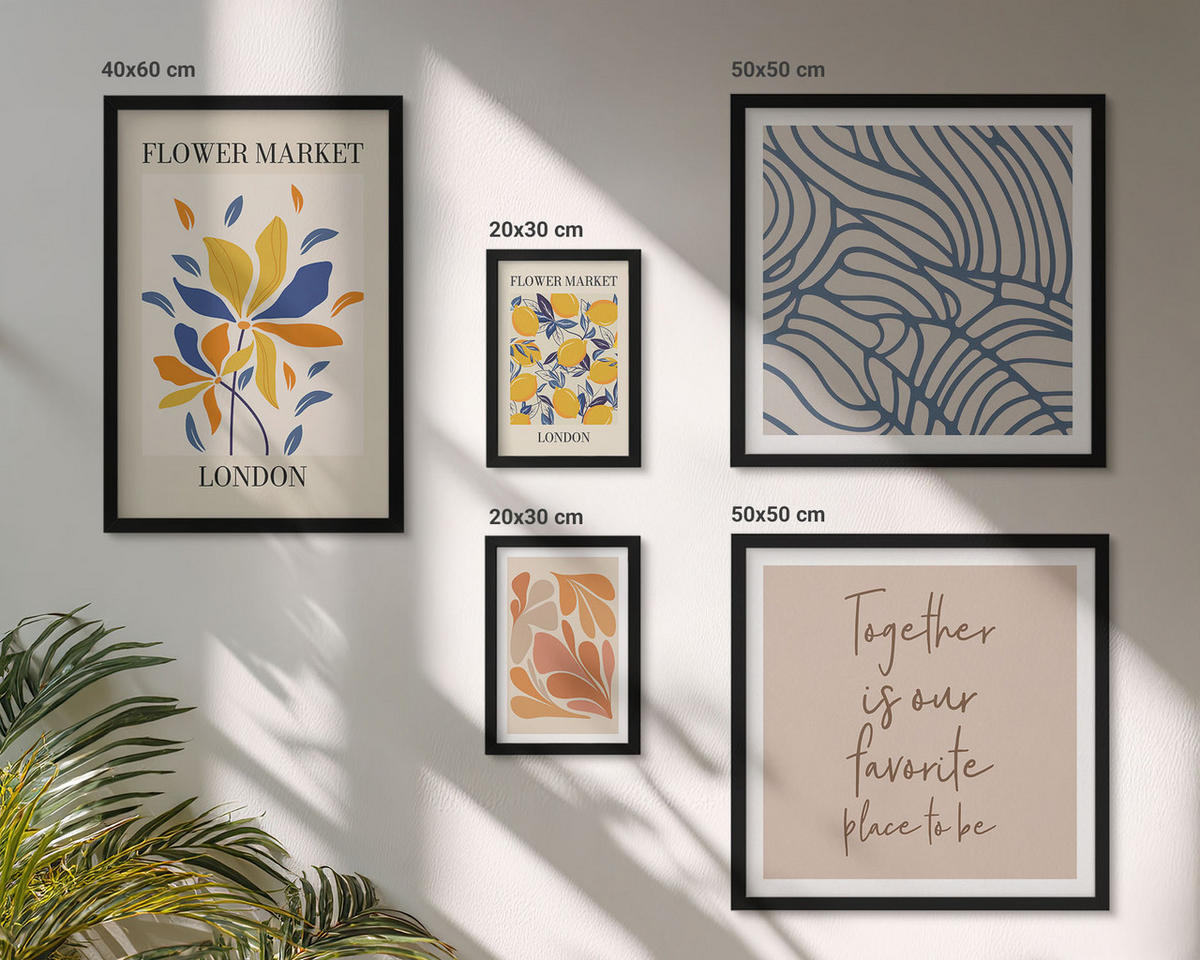 BILDER SET 5er Set - 50x50 cm & 20x30 cm & 40x60 cm Schwarzer Rahmen - Moderne abstrakte Blumen - Schwarz, Kunststoff (40/60cm) - TULUP