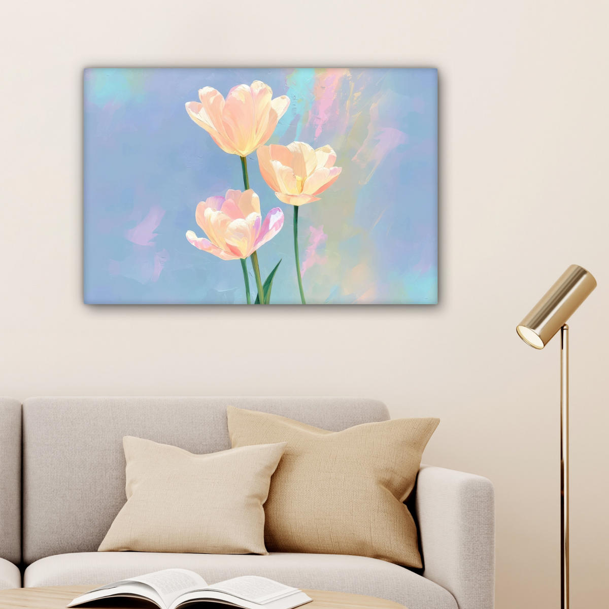 LEINWANDBILD Tulpen - Rosa Akzente - Blau Wanddeko 90x60 cm - Pastellblau, Textil (90/60cm) - MuchoWow