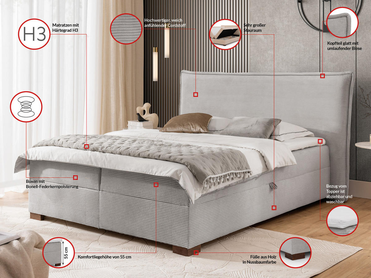 BOXBETT Lovetti II, Cord, H3 - Dunkelbraun/Hellgrau, Holz/Kunststoff (200/160cm) - S-Style Möbel