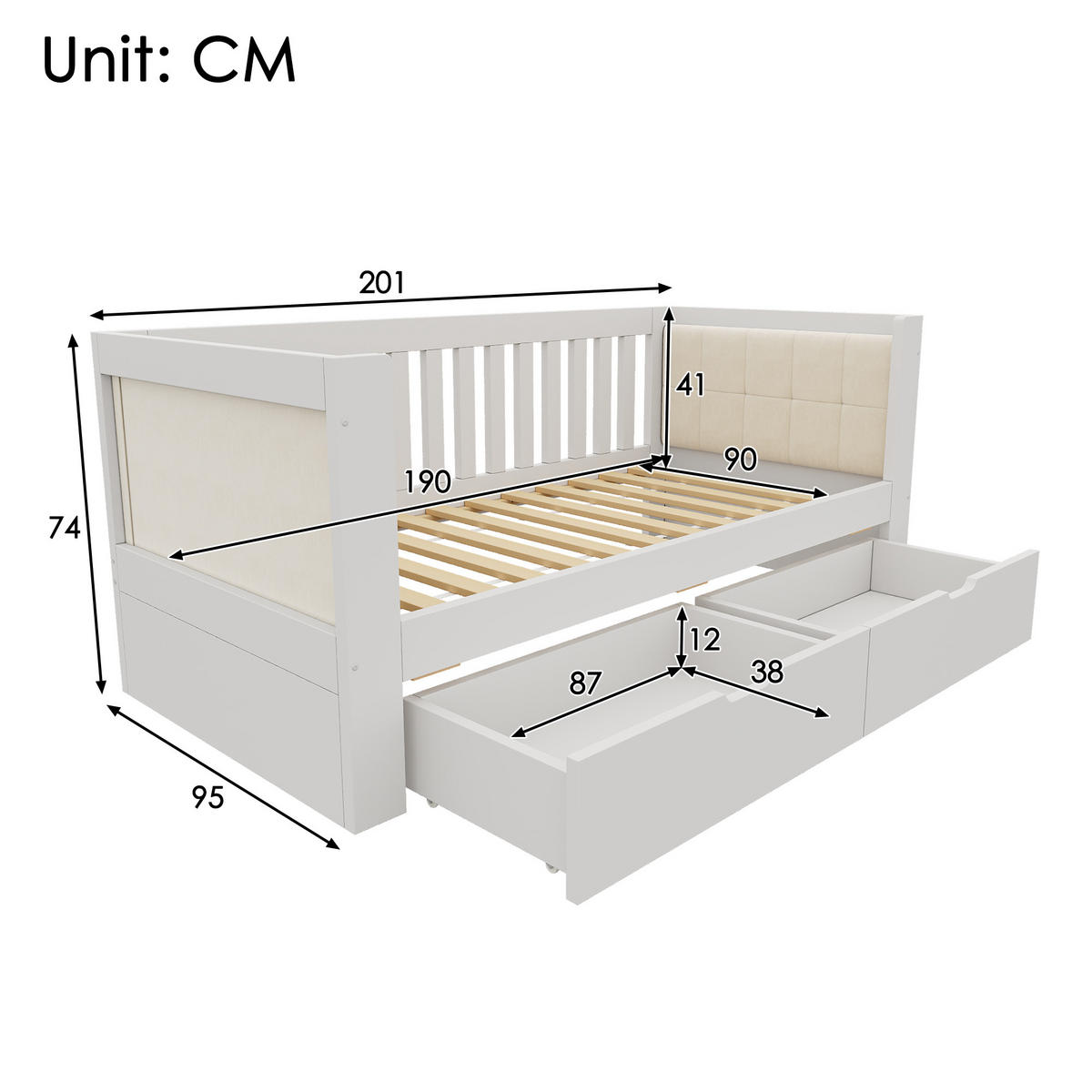 POLSTERBETT 90/190 cm mit 2 Schubladen, gepolsterter Rückenlehne und Lattenrost, Holz, Weiß - Weiß, Textil (90/190cm) - Redom