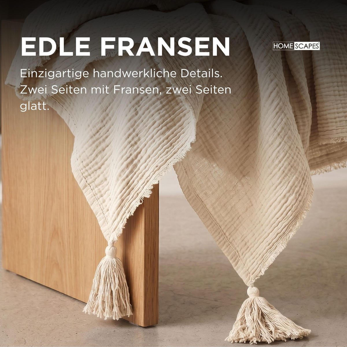 WOHNDECKE Musselin offwhite mit Quasten - Creme, Textil (127/180cm) - Homescapes